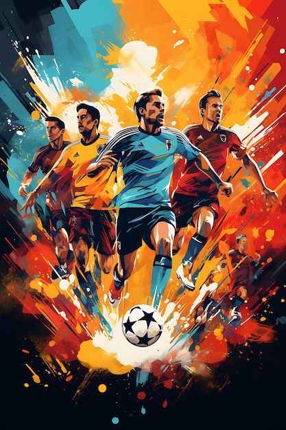 Illustratie Voetbal Teamwerk en passie Levende en energieke kleur Sche Flat 2D Sport Art Poster