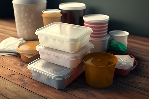 illustratie volle plastic containers op een houten tafelgeneratieve ai