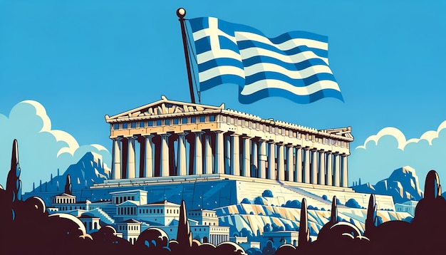Illustratie voor de Griekse Onafhankelijkheidsdag met een grote zwaaiende vlag over het Parthenon