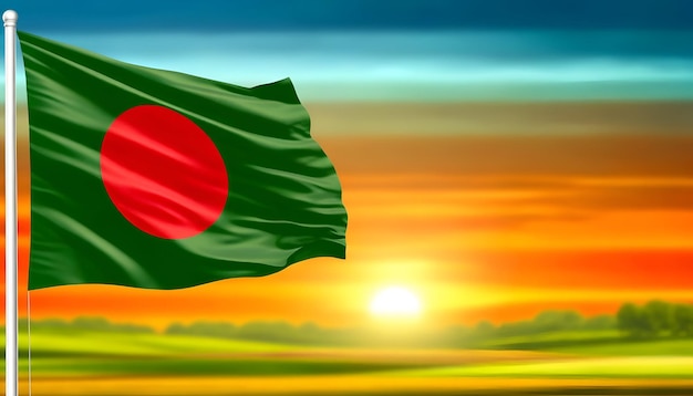 Illustratie voor de onafhankelijkheidsdag van Bangladesh met golvende vlag van Bangladesh bij zonsondergang