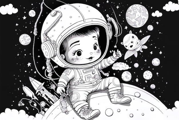 Illustratie voor een kleurplaat voor kinderen van een schattige astronaut die aan het sterrenvissen is in de ruimte