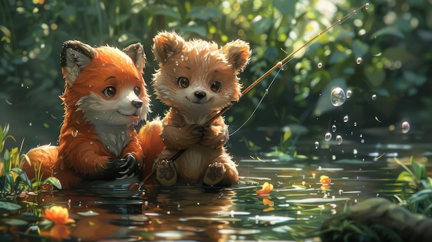 Foto illustratie voor kinderen goede vrienden kleine vos en kleine beer vissen samen in het bos tekenfilm stijl kunstwerk verhaal scène achtergrond behang kaartontwerp