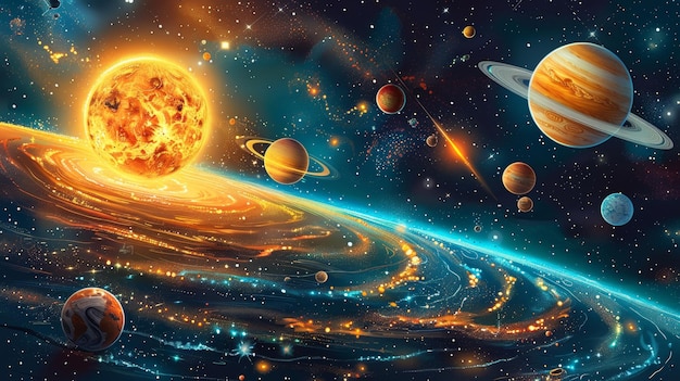 Illustratie voor kinderen over de gelukkige planeten in het zonnestelsel realistisch fantastische cartoon stijl kunstwerk verhaal scène behang achtergrond kaartontwerp