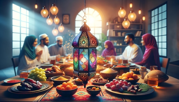 Illustratie voor ramazan met lantaarn in focus met familie verzameld rond een iftar maaltijd