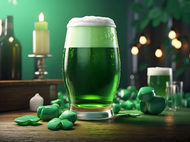 Illustratie voor St. Patrick's Day met een glas groen bier en wit schuim