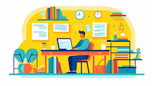 Illustratie werken aan het bureau met een laptop thuiskantoor concept kleurrijke illustratie vector