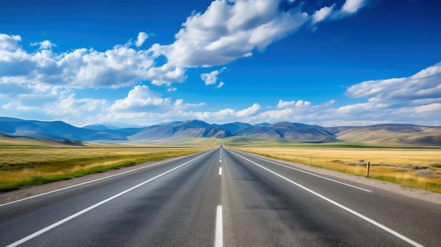 Illustratiebeeld van landschap met landweg, lege asfaltweg op blauwe bewolkte hemelachtergrond. Veelkleurig levendig buitenshuis horizontaal beeld, generatieve AI-illustratie