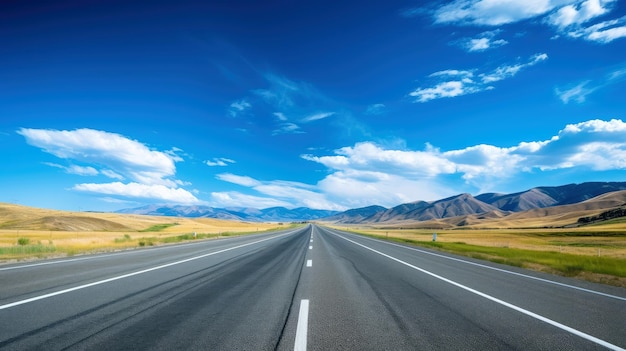 Illustratiebeeld van landschap met landweg, lege asfaltweg op blauwe bewolkte hemelachtergrond. Veelkleurig levendig buitenshuis horizontaal beeld, generatieve AI-illustratie