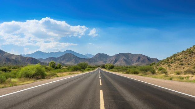 Illustratiebeeld van landschap met landweg, lege asfaltweg op blauwe bewolkte hemelachtergrond. Veelkleurig levendig buitenshuis horizontaal beeld, generatieve AI-illustratie