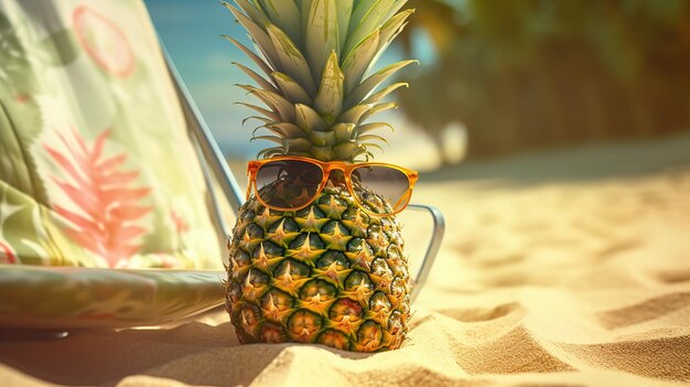 Illustratief voor ananas in zonnebril op strandzand Generatieve AI