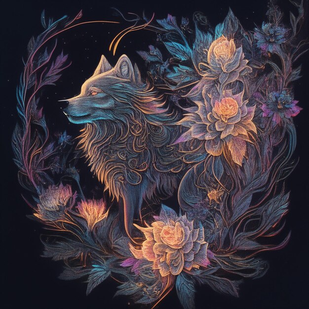 Illustratiefoto van een wolf met bloemen eromheen