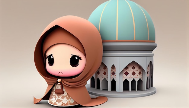 Foto illustratiekarakter hijab jong meisje en moskee
