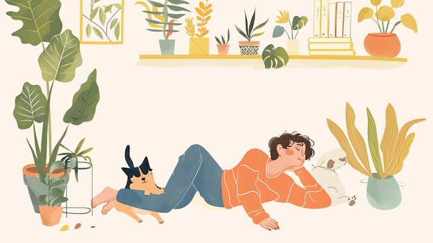 Illustraties van een ontspannende persoon die op de vloer ligt met binnenplanten Gezellige huisbibliotheek en boek