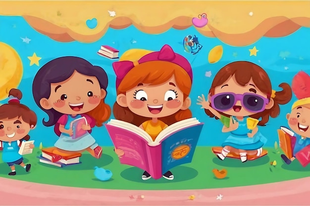 Illustraties van kinderen die lezen om verhalen te verkennen op Wereldboekdag