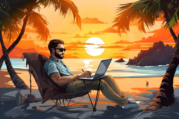 illustraties van man aan het werk op laptop op tropisch strand tijdens zonsondergang