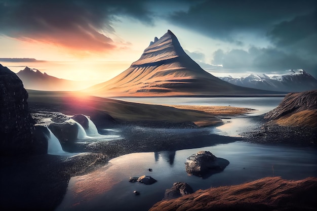 Illustratiezonsondergang over fantastische avond met de Kirkjufell-vulkaan Generatieve AI