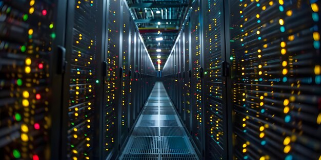 Photo illustrating cloud data storage and computing a photo of a server room with rows of servers and blinking lights concept technology data storage computing server room blinking lights