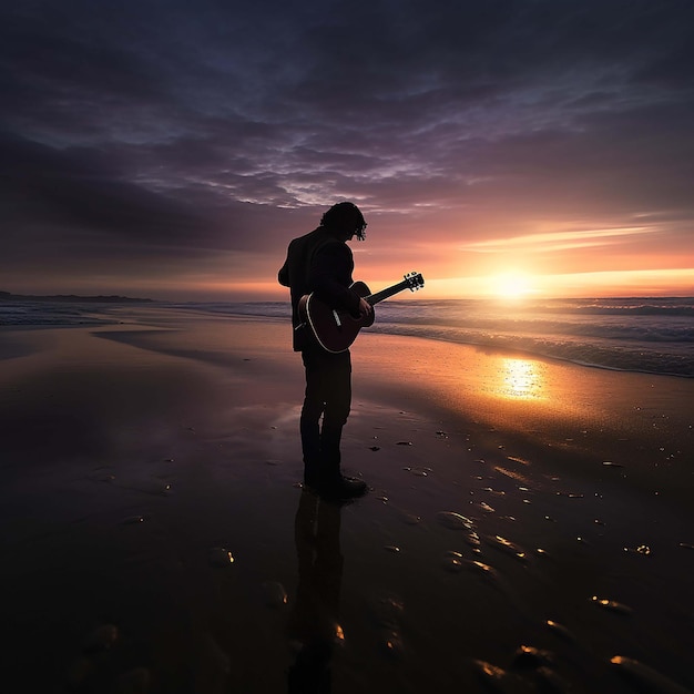 Illustrating a man in black clothes practicing yoga on the beach during sunset