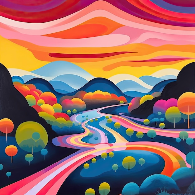 Illustrating a vibrant landscape with swirling colors in a style influenced AI Generated