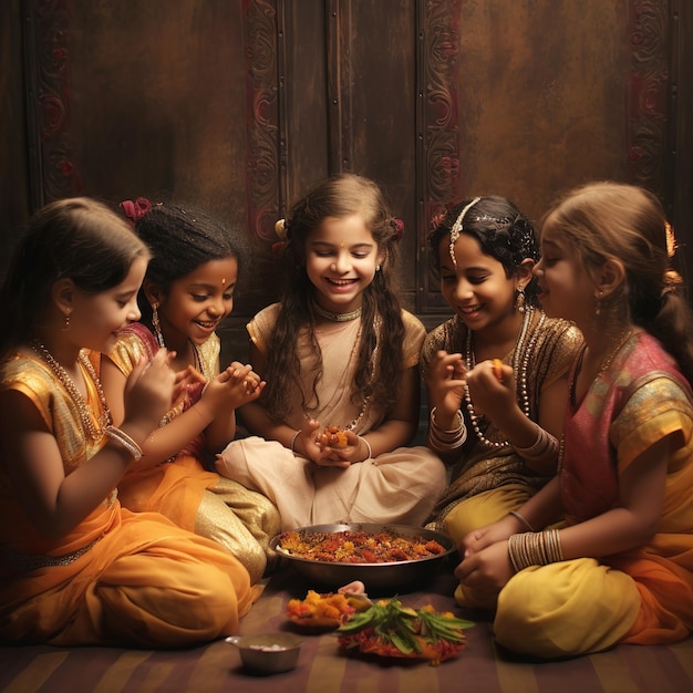 Illustration of 10 little hindu girls sitting on floor in a row eati