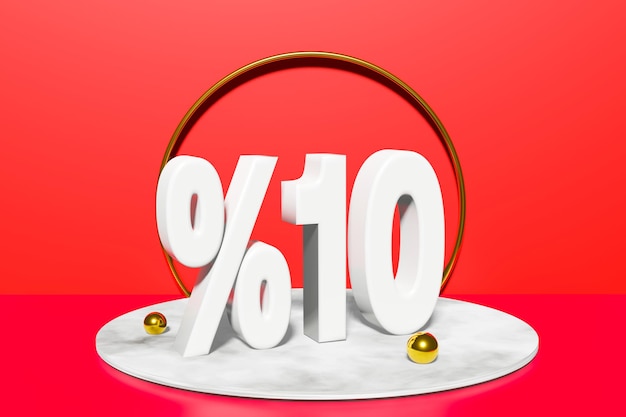 Illustration of 10 percent discount in 3D illustration white color with red background and copy space