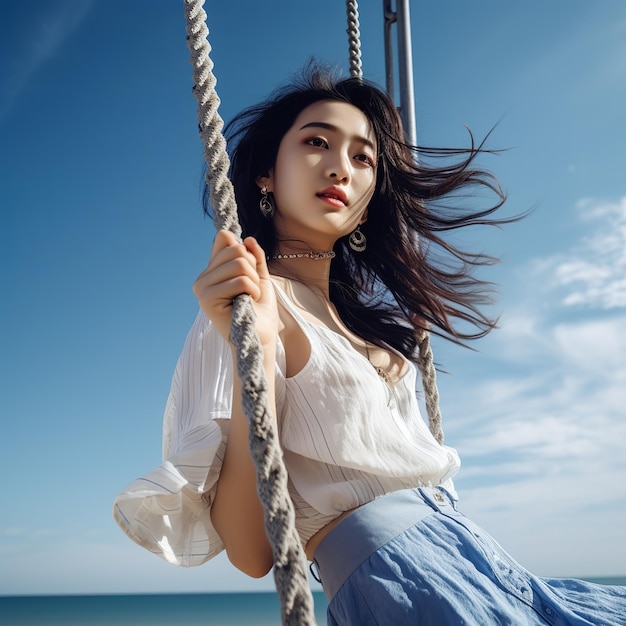 illustration of A 18 years old Chinese girl leaning sideways on a swing