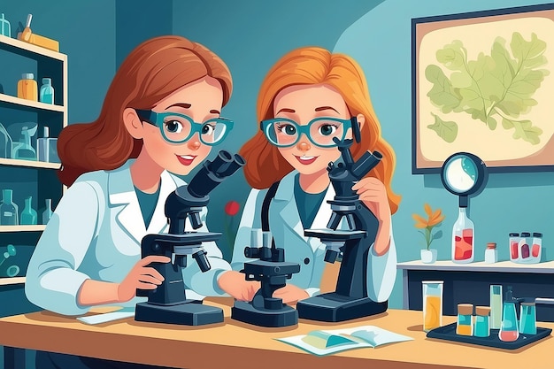 Illustration of 2 girls using a microscope