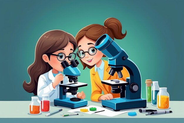 Illustration of 2 girls using a microscope