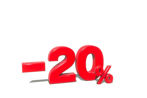 Illustration of 20 percent discount in 3d render red color with white background and copy space