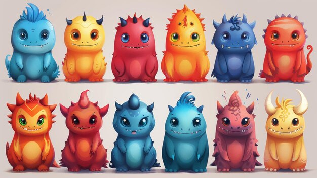 An illustration of 25 color monster mascot characters isolated on white