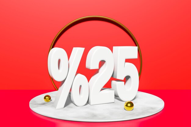 Illustration of 25 percent discount in 3D illustration white color with red background and copy space