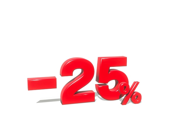 Illustration of 25 percent discount in 3d render red color with white background and copy space