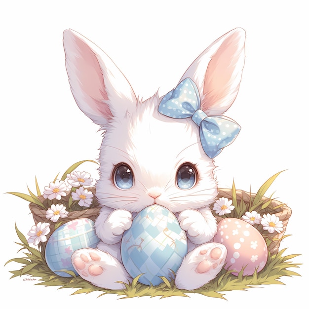 Photo illustration 2d cute easter bunny holding easter eggs