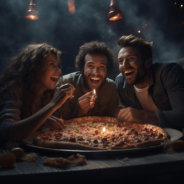 illustration of 3 people sitting together eating delicious pizza