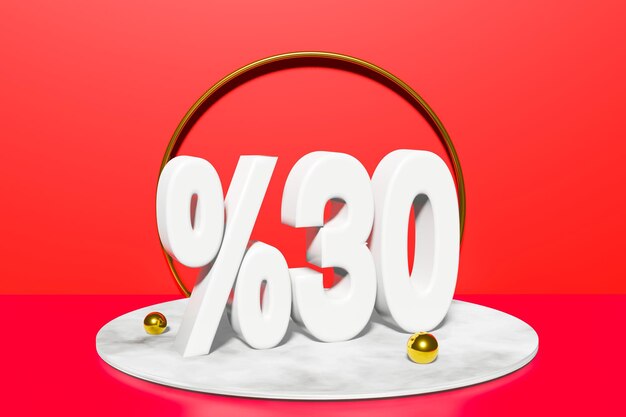 Illustration of 30 percent discount in 3D illustration white color with red background and copy space