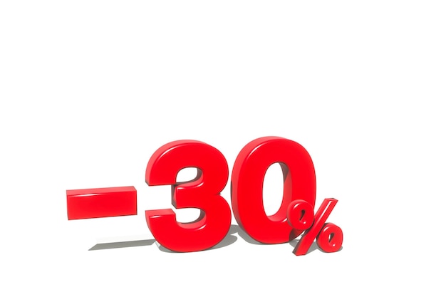 Illustration of 30 percent discount in 3d render red color with white background and copy space