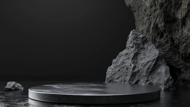 둥근 림 프레임과 함께 어두운 회색과 은색의 기단을 가진 3d 배경 돌 포디움 디스플레이에 대한 일러스트레이션 추상적인 최소한의 검은색 자연 장면