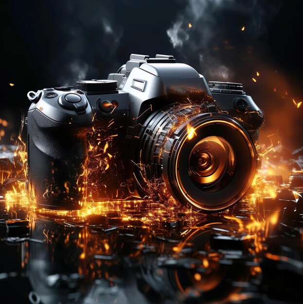 Photo illustration 3d of camera with sparkling of fire