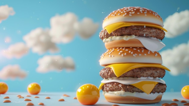 Иллюстрация 3D-рекламы яичных гамбургеров на голубом небе