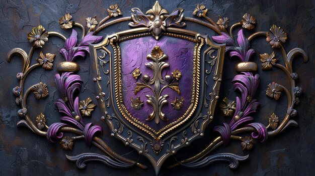 Illustration of a 3D fantasy ancient coat of arms with purple gilded blades and an iron shield