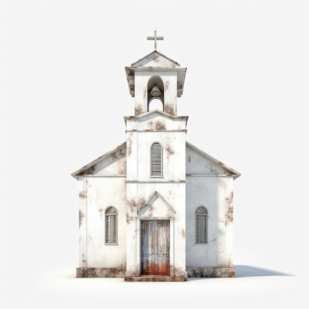 Illustration of a 3D model of an old white church with handpainted details on a white background Generative AI