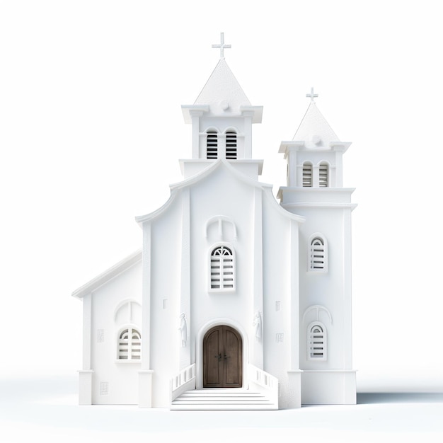 Illustration of a 3D model of an old white church with handpainted details on a white background Generative AI