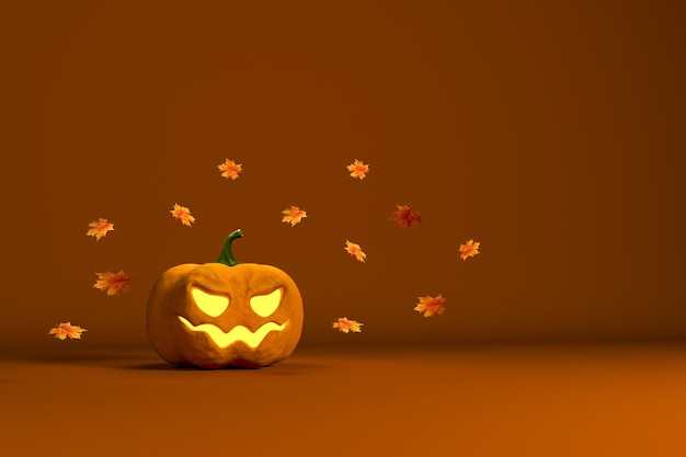 Illustration of a 3D render for the Halloween holiday with a pumpkin and maple autumn leaves