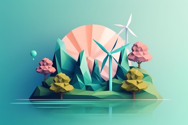 Иллюстрация 3D-рендеринга Low Poly Art Устойчивое развитие и окружающая средаxA