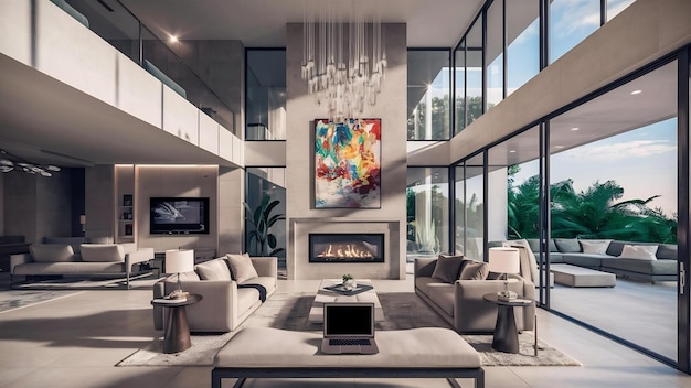 Photo illustration 3d rendering large luxury modern bright interiors living room mockup computer digitall