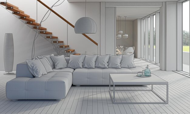 Illustration 3D rendering large luxury modern bright interiors Living room mockup computer digitally generated image