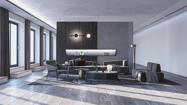 Illustration 3D rendering large luxury modern bright interiors Living room mockup computer digitally generated image