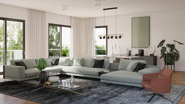 Illustration 3D rendering large luxury modern bright interiors Living room mockup computer digitally generated image