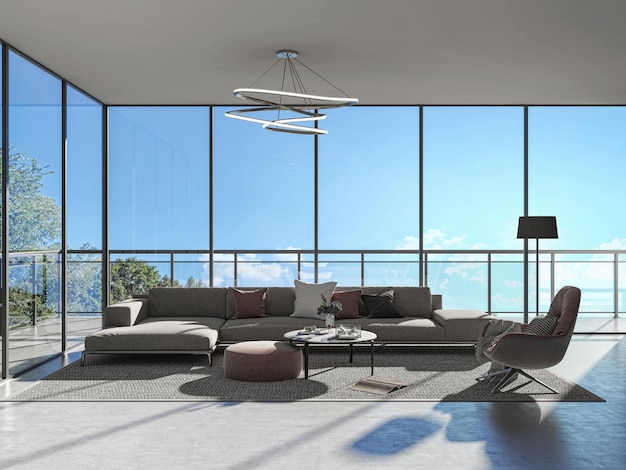 Illustration 3D rendering large luxury modern bright interiors Living room mockup computer digitally generated image