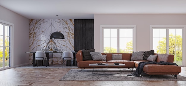 Illustration 3D rendering large luxury modern bright interiors Living room mockup computer digitally generated image